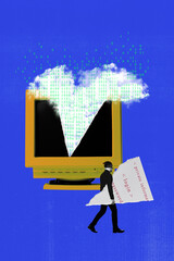 Contemporary art collage. Classic monitor emits binary code into cloud, while figure carries stolen...