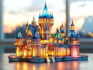 Obraz premium a fantasy castle with vibrant, stained-glass-like windows and multicolored rooftops. The castle is illuminated from within, casting warm, golden light that contrasts with the cool blues of the surroun