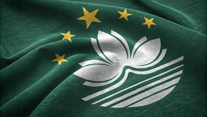 Closeup of Macau Flag with Lotus and Gold Stars on Fabric
