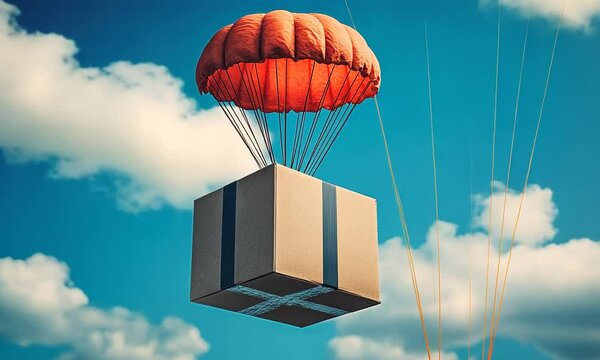 Cardboard box descending via parachute against a bright blue sky.