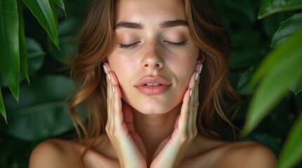 Naklejka premium Close-Up of a Young Woman with Dewy Skin Amid Tropical Greenery in 4K Cinematic Detail. 4K Close-Up of a Relaxed Woman with Fresh Skin and Tropical Self-Care Vibes.