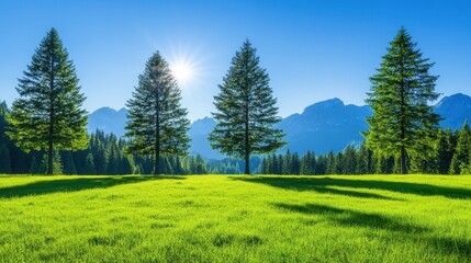 Fototapeta premium Serene Landscape with Fir Trees Surrounded by Majestic Mountains