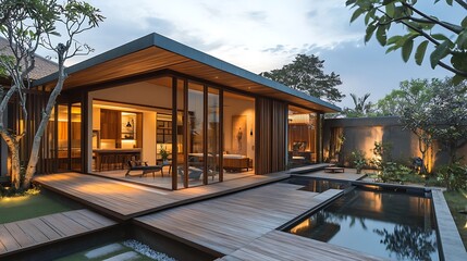 Fototapeta premium Modern tropical house with outdoor pool and deck at dusk.