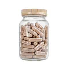 Glass jar filled with dietary capsules isolated on white background.