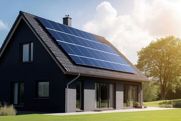 Fototapeta premium Modern house with solar panels on roof under bright sky. Dark solar panels on new home roof. Eco-friendly energy solution. New construction in suburban neighbourhood. Residential property with green