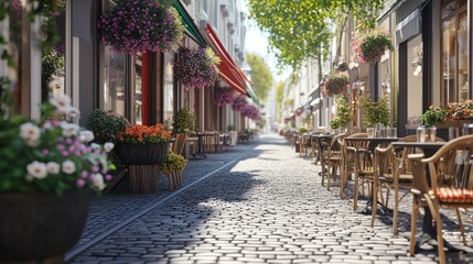 Sunny cobblestone street with outdoor cafes and flower baskets.