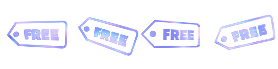 Set of 4 3d glass free tag shape style 1 with aberration effect isolated on a transparent background. Blue tone. 3d transparent elements for graphic design.