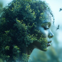 Double exposure of a woman's profile blending with lush green trees, nature and humanity connection.