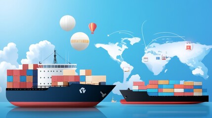 Cargo Ships Loaded with Containers on Vibrant Background