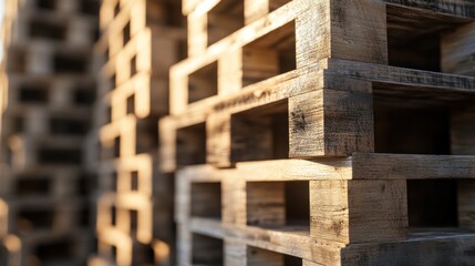 Stacked wooden pallets in sunlight.
