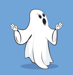 Halloween white ghost. Fictional character for international holiday of fear and horror. Surprised character for social media. Flat vector illustration