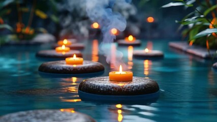 Serene atmosphere with candles floating on stones in tranquil water at dusk - Powered by Adobe