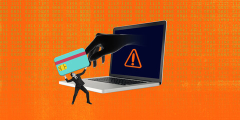 Contemporary art collage. Password entry screen on laptop with hand holding key, showing concepts of internet safety and secure access. Concept of safety in Internet, hacking, scam, crime. Ad. © Lustre Art Group 