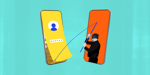 Contemporary art collage. Two people sneaking into digital lock on tablet, illustrating risks of...