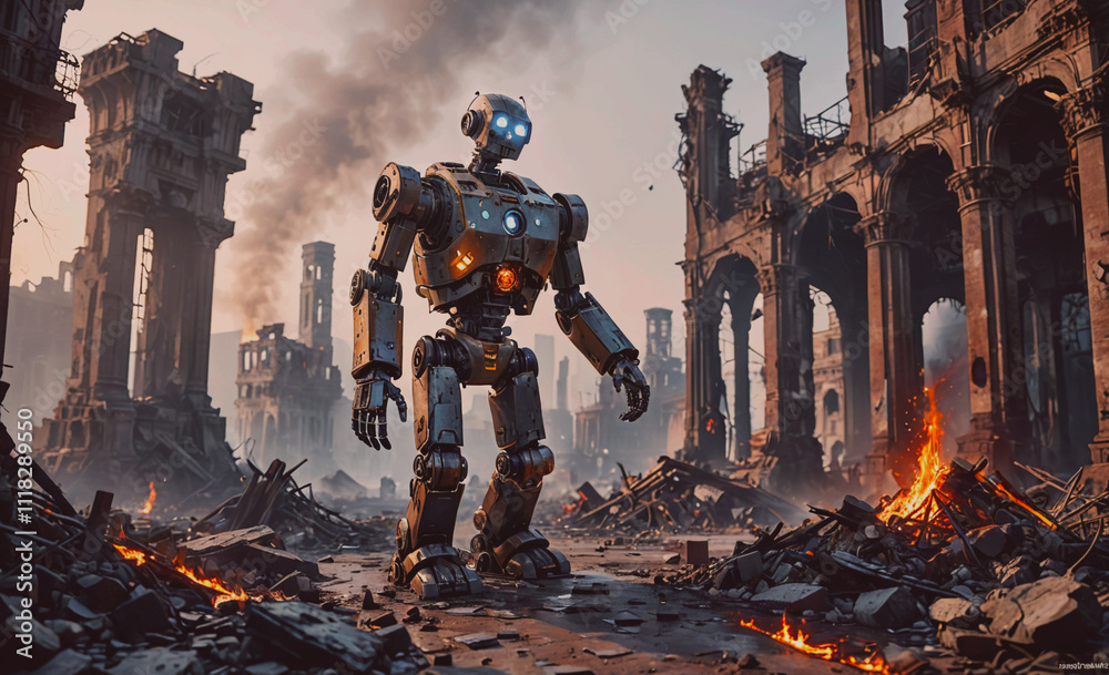 Poster a robot stands in a ruined city, surrounded by rubble and fire. the scene is dark and ominous, with 