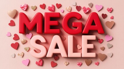 Colorful text announcing a mega sale, surrounded by decorative hearts, perfect for promotional materials and advertisements.