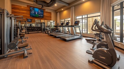 Fototapeta premium Modern fitness center with treadmills, weight machines, and large windows.
