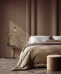 Bedroom in pastel tone Mocha Mousse color trend 2025 year panton furniture and background. Modern luxury room interior home design. 3d render