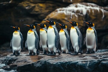 Fototapeta premium Majestic King Penguins Colony on Rocky Shore Wildlife Photography