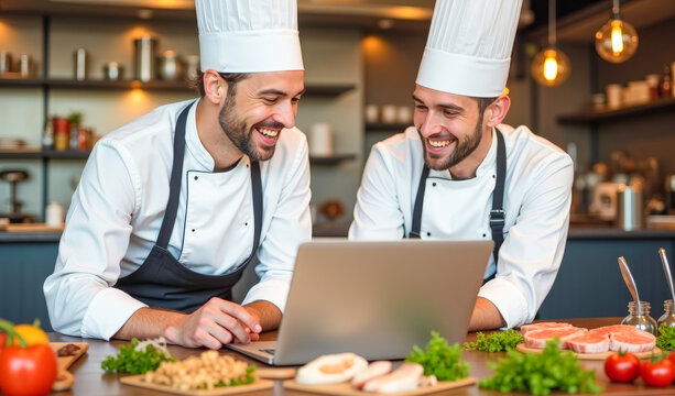 two chefs in the kitchen are looking at a laptop and discussing a recipe for a dish