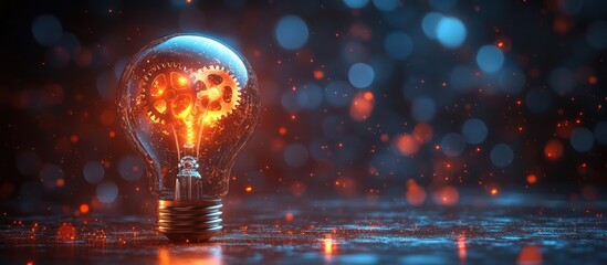 Glowing lightbulb with gears inside, bokeh background.