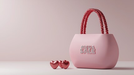 Obraz premium Stylish pink handbag with a charming design, complemented by playful red heart accessories against a soft background.