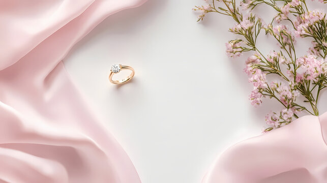 Gold engagement ring on silky pink fabric and flowers for romantic settings on Valentine&rsquo;s Day