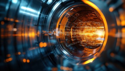 Futuristic Data Flow in High-Tech Tunnel Featuring Bright Orange Light and Digital Particles in a Metallic Environment for Technology and Innovation Themes