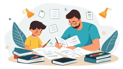 Illustration of a parent and child learning together with books and papers
