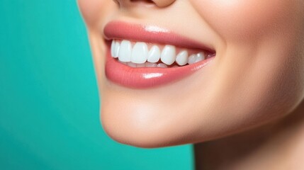 Obraz premium A close-up of two perfect teeth set against a teal background, ideal for promoting dental hygiene and oral health awareness