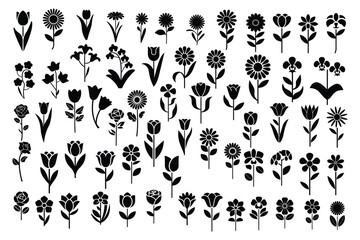 Naklejka premium Set of Flower icons Silhouettes, Abstract botanical flower icon, vector botany floral design Cute round flower plant nature collection, Vector illustrator. 