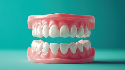 Obraz premium A close-up of two perfect teeth set against a teal background, ideal for promoting dental hygiene and oral health awareness