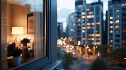 Cozy apartment interior view at night, city lights blurred in background.