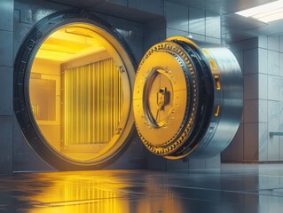 Glowing Vault Door in Futuristic Financial Institution, Illuminated Casino Safe with Sophisticated Locking Mechanism, Modern Security Design and High-Tech Environment