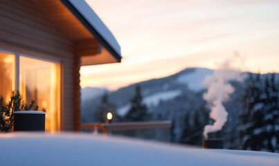 Cozy cabin in a snowy landscape at sunset.