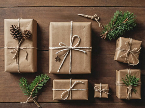 A flat-lay image of a clean wooden table with neatly wrapped gifts in brown kraft paper, tied with simple white strings and sprigs of pine.