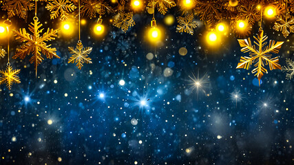 Golden snowflakes & lights on dark blue background