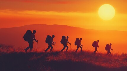 Group of young hikers with backpacks walks with backpacks and helps each other in climbing in sunset mountains