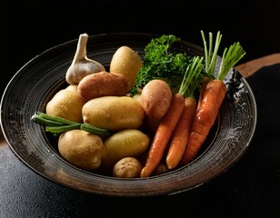Papas y zanahorias en fuente o olla estilo rustico 