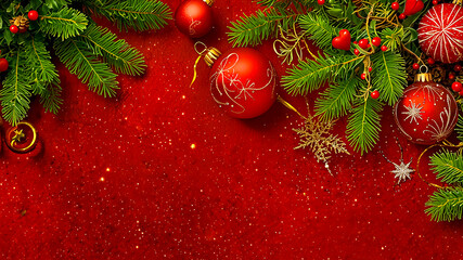Red and gold Christmas ornaments and greenery on a red background.