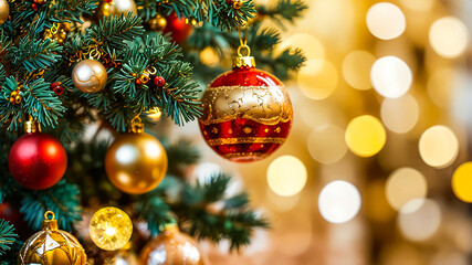Red and gold Christmas ornaments on a tree