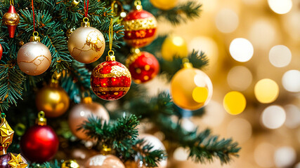 Fototapeta premium Red and gold Christmas ornaments on a tree