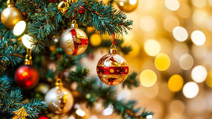 Red and gold Christmas ornaments on a tree