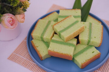 pandan cake on a plate. Selective focus.