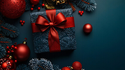 Red Christmas gift box with ornaments and black background.