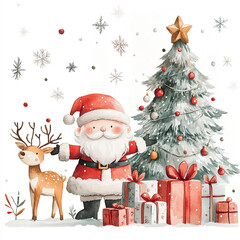 Watercolor Santa Claus and reindeer with gifts. Christmas illustration isolated on white background.