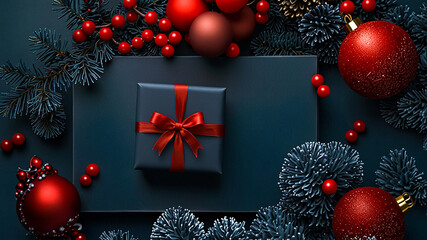 Red Christmas gift box with ornaments and black background.