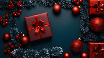 Red Christmas gift box with ornaments and black background.