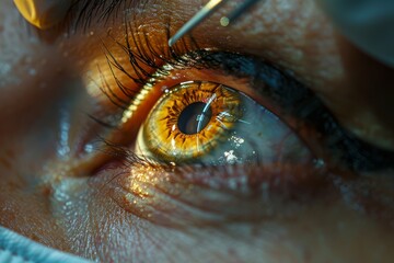 A close-up of a human eye with an instrument near the eyelashes. Concept of focus and precision. For medical or scientific publications.