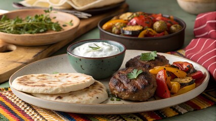 Kyufte platter with pita bread, yogurt sauce, and roasted vegetables